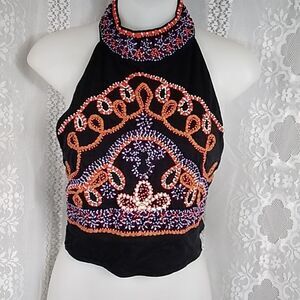 Free People Black Boho Embroidered Beaded Goa Halter Neck Chopped Top NWT Size M